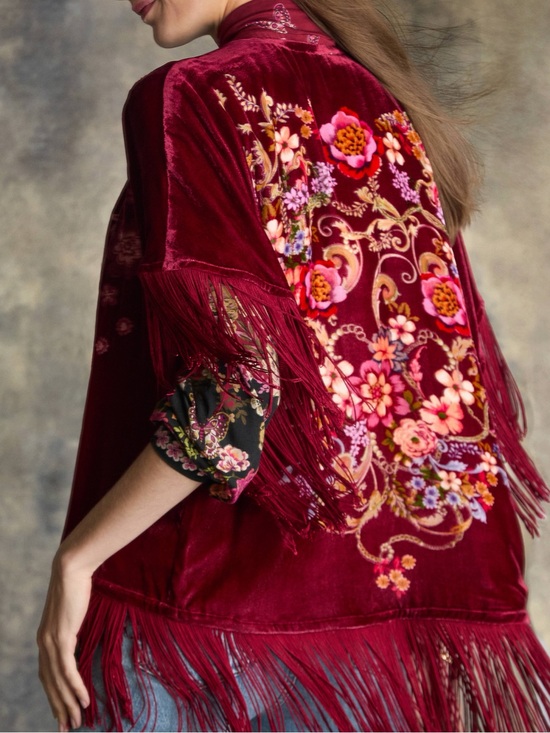 Johnny Was Tops - Johnny Was Celeste Velvet Shawl Boho Floral Maroon Size S NWT